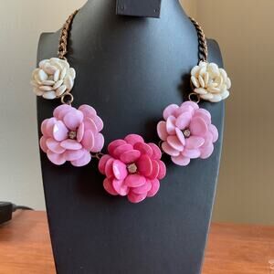 Pink and cream flower statement necklace with rhinestone accents